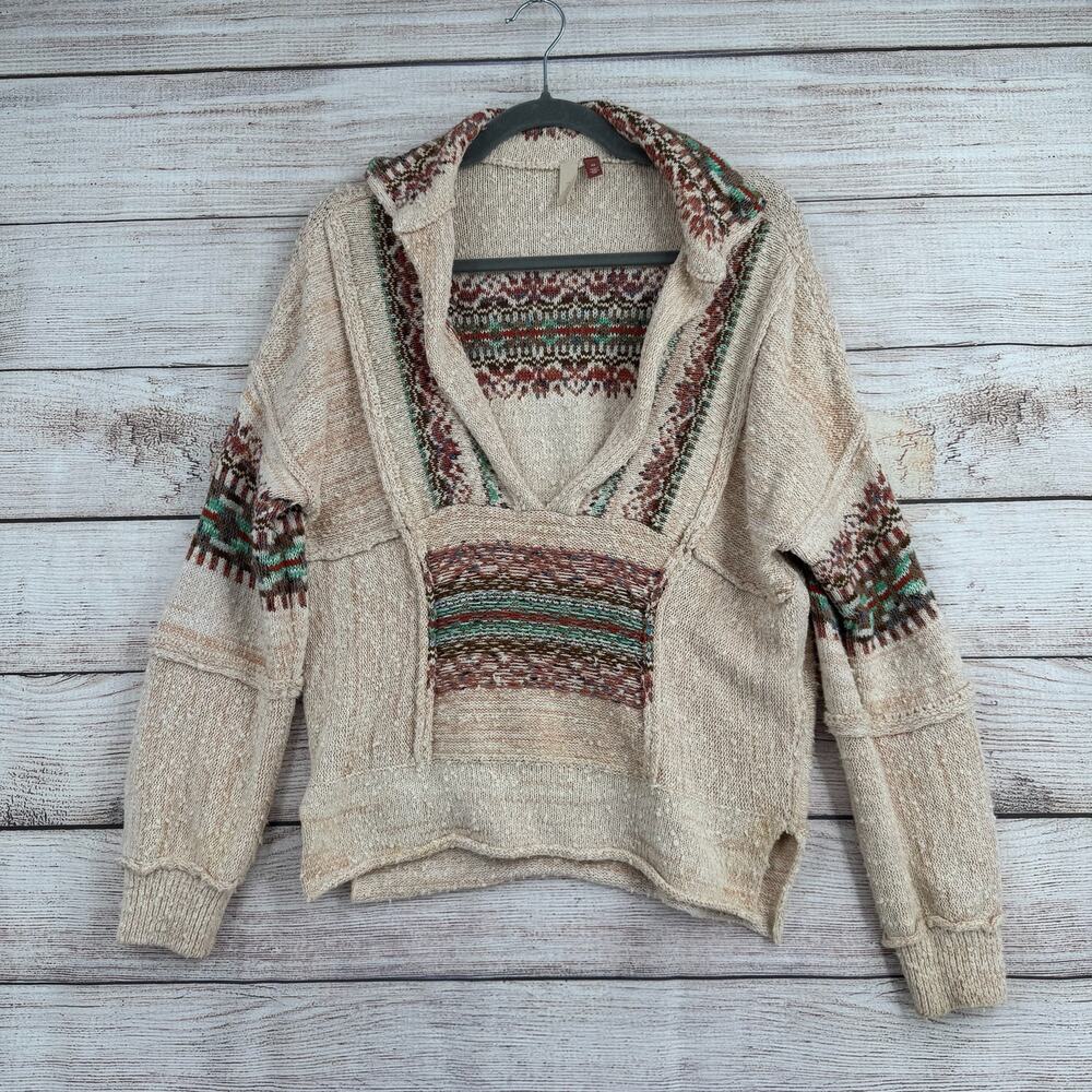 Pilcro Anthropologie Southwest Print Knit Poncho Sweater Womens XS Cream Pink